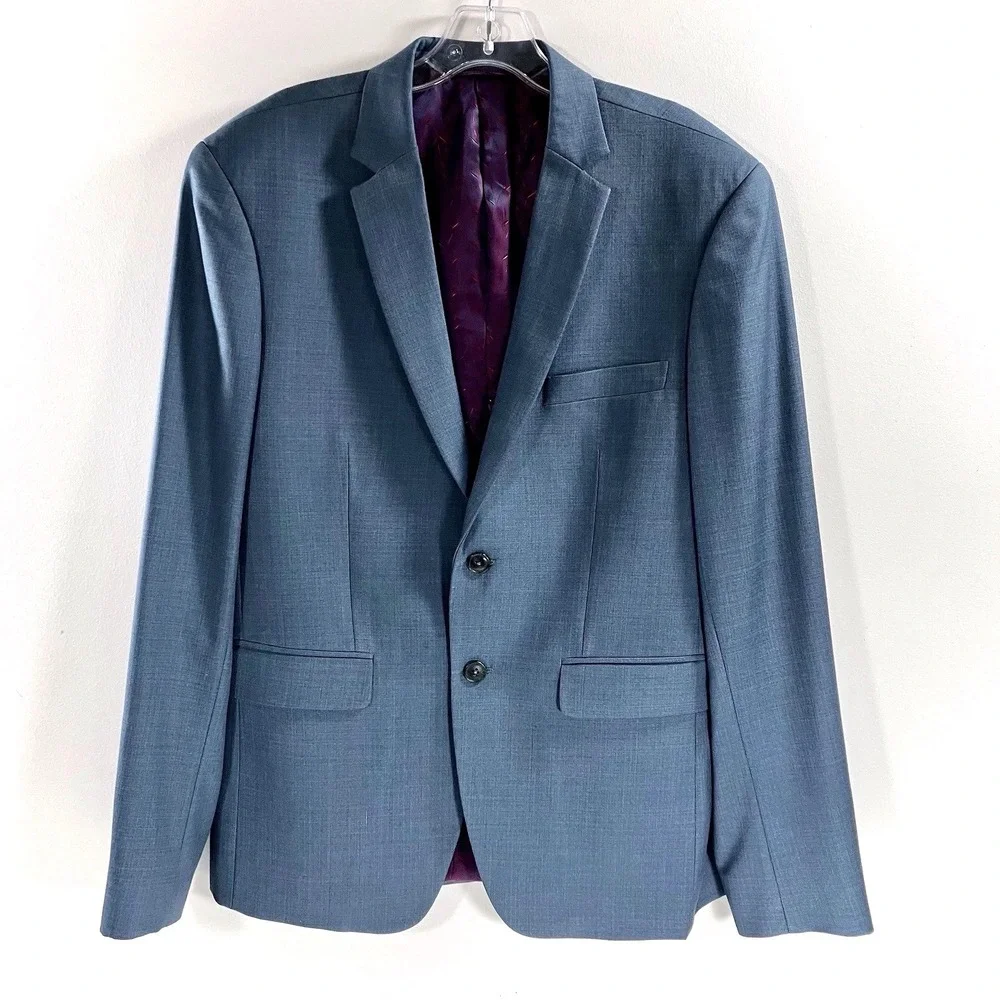Bespoke Blazer Blue Grey Hand Tailored Two Button Burgundy Purple Jaquard Lining